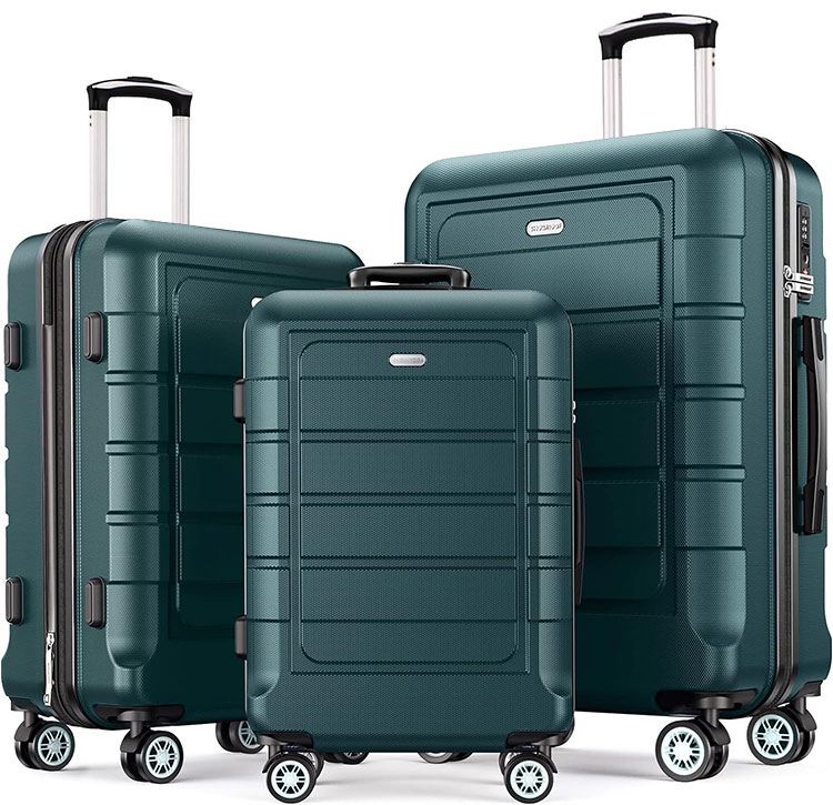 SHOWKOO expandable luggage set featuring PC+ABS durable material, double spinner wheels, and TSA lock for secure travel.
