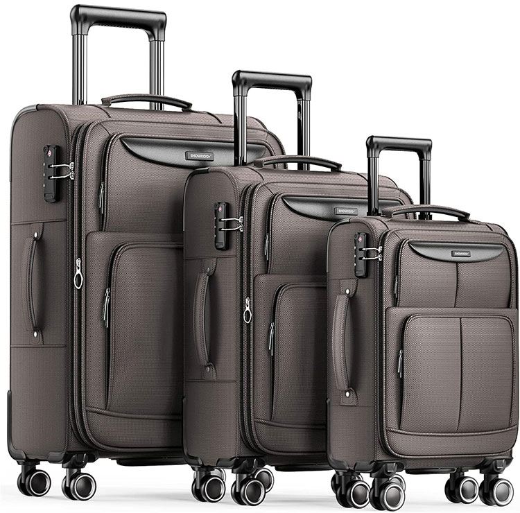Three-piece SHOWKOO softside luggage set with expandable, lightweight design, durable double spinner wheels, and TSA lock.